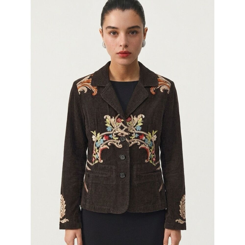 JOHNNY WAS | Dark Brown Corduroy Floral Embroidered Blazer Women’s Size Small